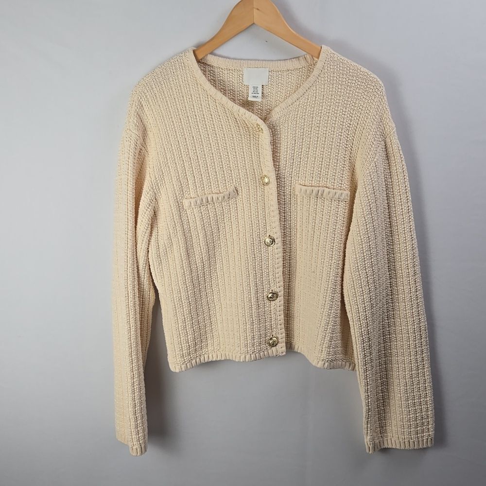 H&M Soft Cream Moss-Knit Cardigan Sz M Gold Buttons Preppy Academia Cottagecore